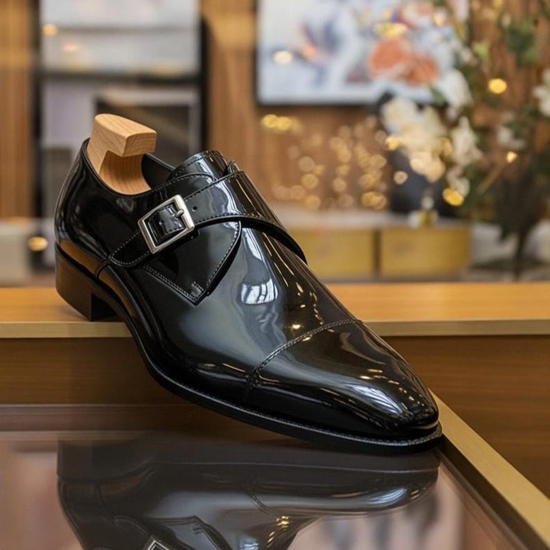 Black Patent Leather Monk Strap Shoes Men - Single Buckle Formal Dress Shoes Pointed Toe