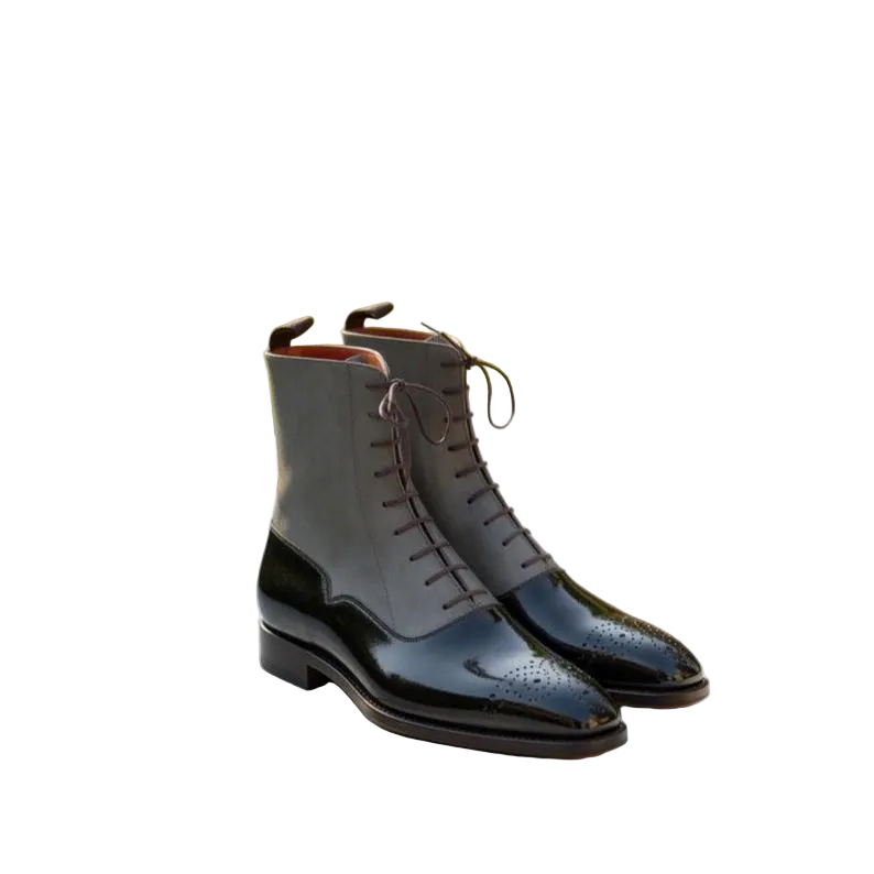 Handmade Two-Tone Leather Suede Dress Boots | Grey Black Cap Toe Lace-Up Victorian Footwear