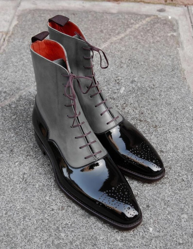 Handmade Two-Tone Leather Suede Dress Boots | Grey Black Cap Toe Lace-Up Victorian Footwear