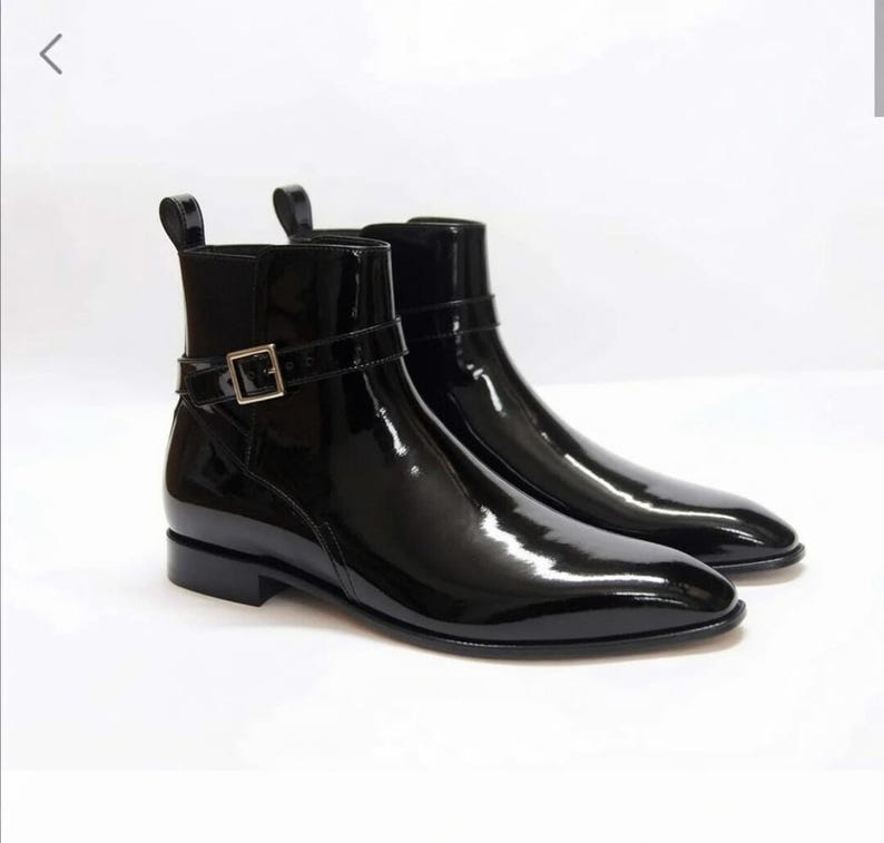 Black Leather Ankle Boots with Buckle Strap – Patent Handmade Women's Footwear