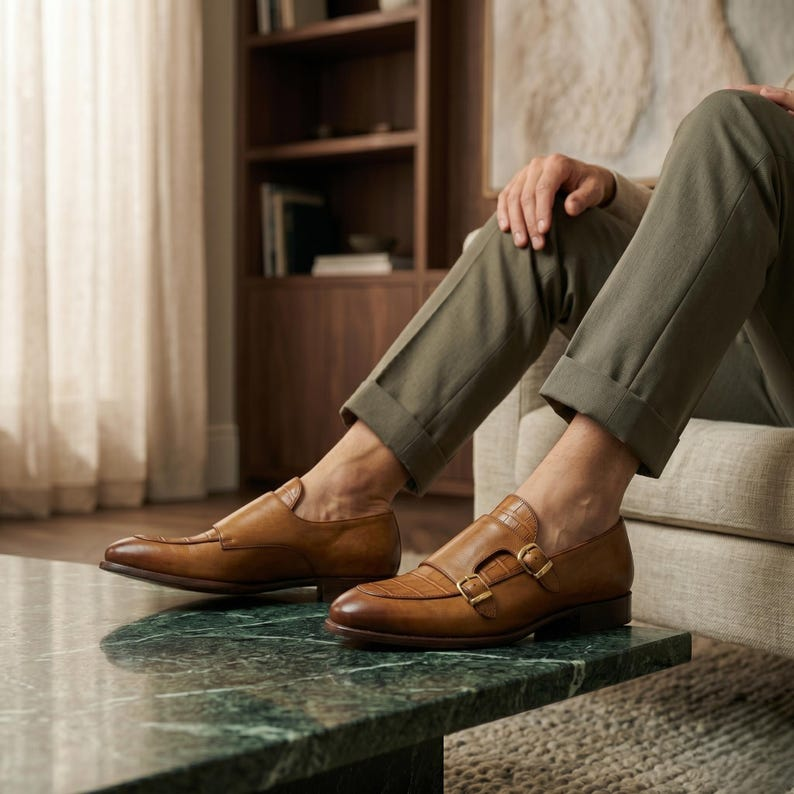 Handmade Tan Leather Double Monk Strap Shoes – Men's Formal Dress Footwear