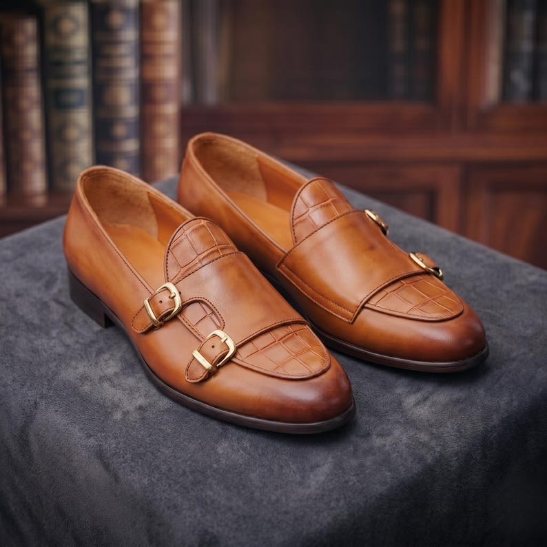 Handmade Tan Leather Double Monk Strap Shoes – Men's Formal Dress Footwear