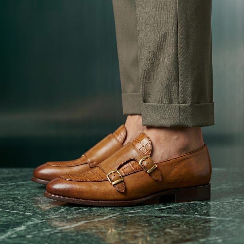 Handmade Tan Leather Double Monk Strap Shoes – Men's Formal Dress Footwear