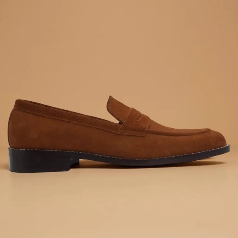 Men's Brown Suede Penny Loafers: Handmade Italian Style Dress Shoes