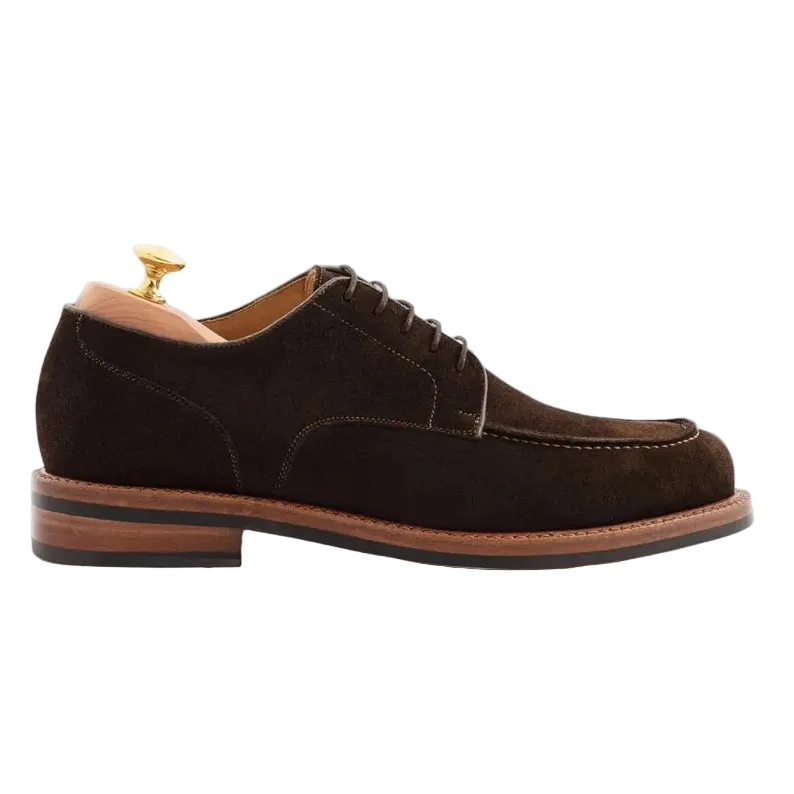 Handmade Brown Suede Derby Shoes: Goodyear Welt Apron Toe Dress Shoes