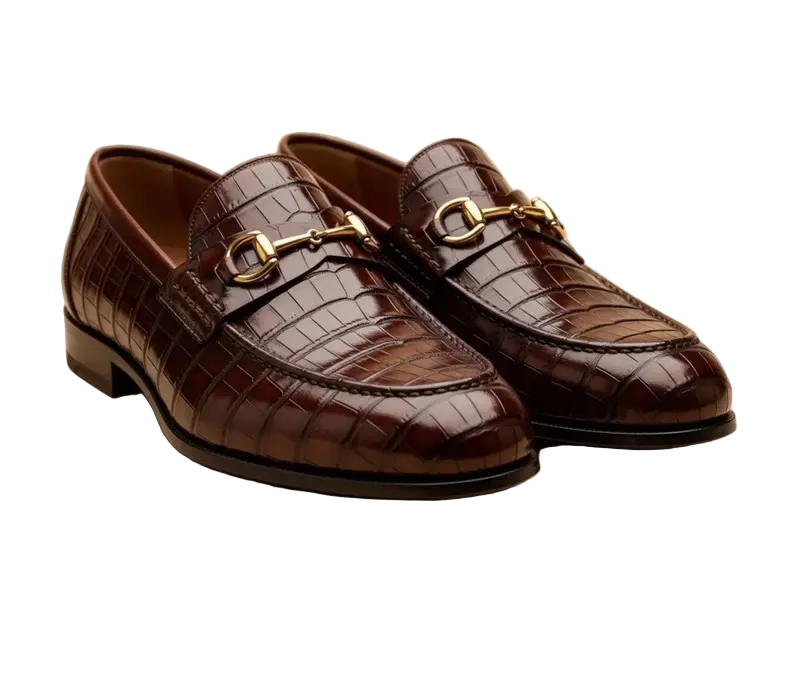 Men’s Brown Croc Embossed Leather Loafers: Handmade Slip-On Dress Shoes