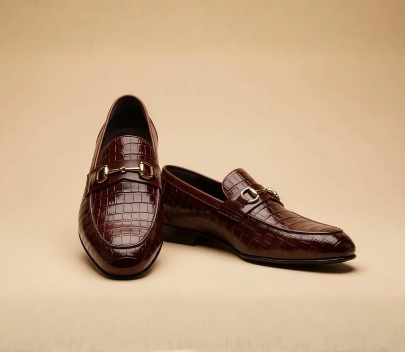 Men’s Brown Croc Embossed Leather Loafers: Handmade Slip-On Dress Shoes