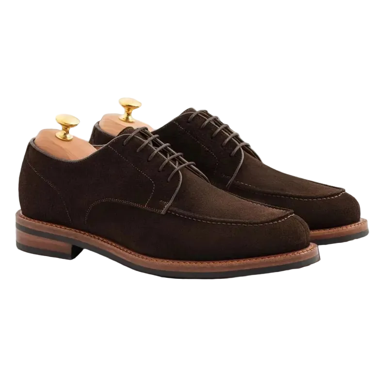 Handmade Brown Suede Derby Shoes: Goodyear Welt Apron Toe Dress Shoes