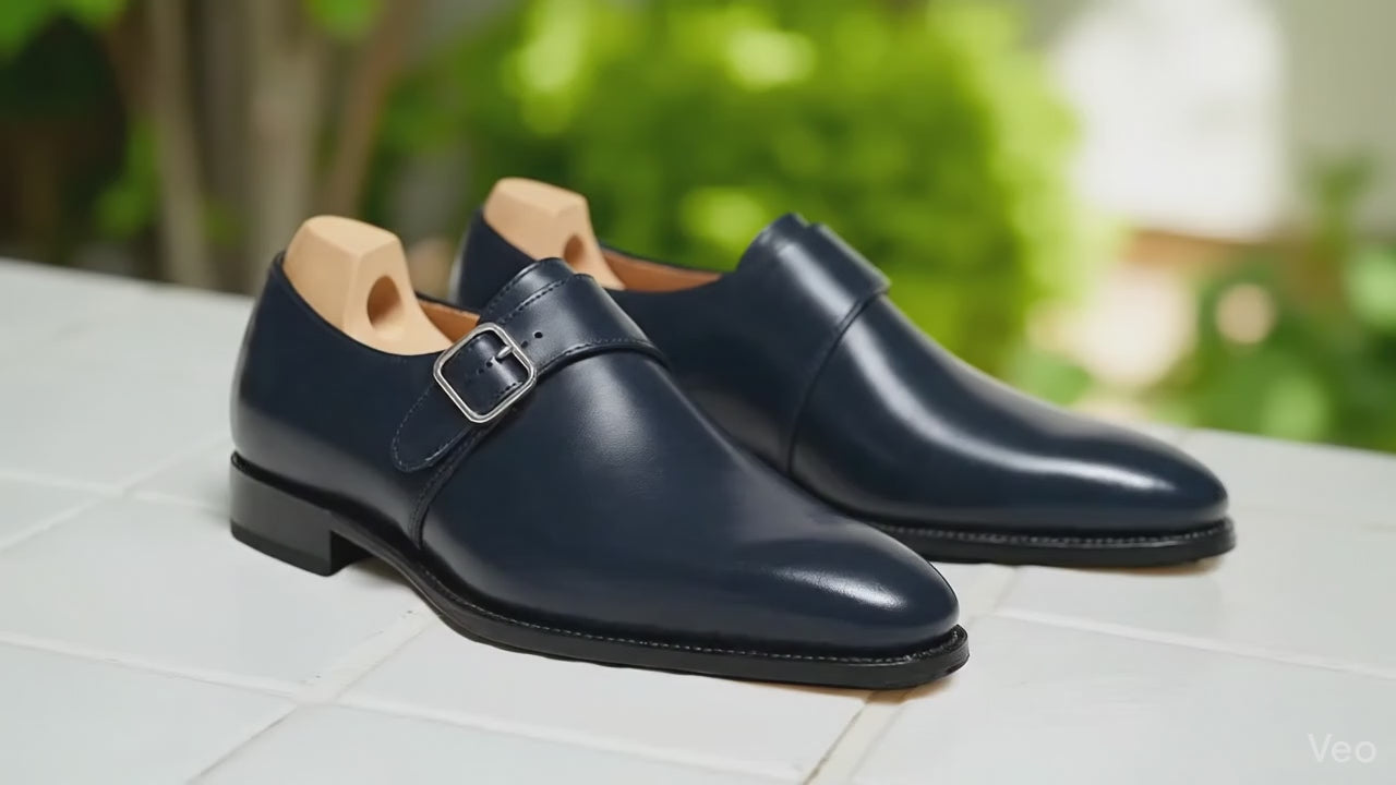 Handcrafted Navy Blue Leather Monk Strap Shoes: Classic Buckle Dress Shoes