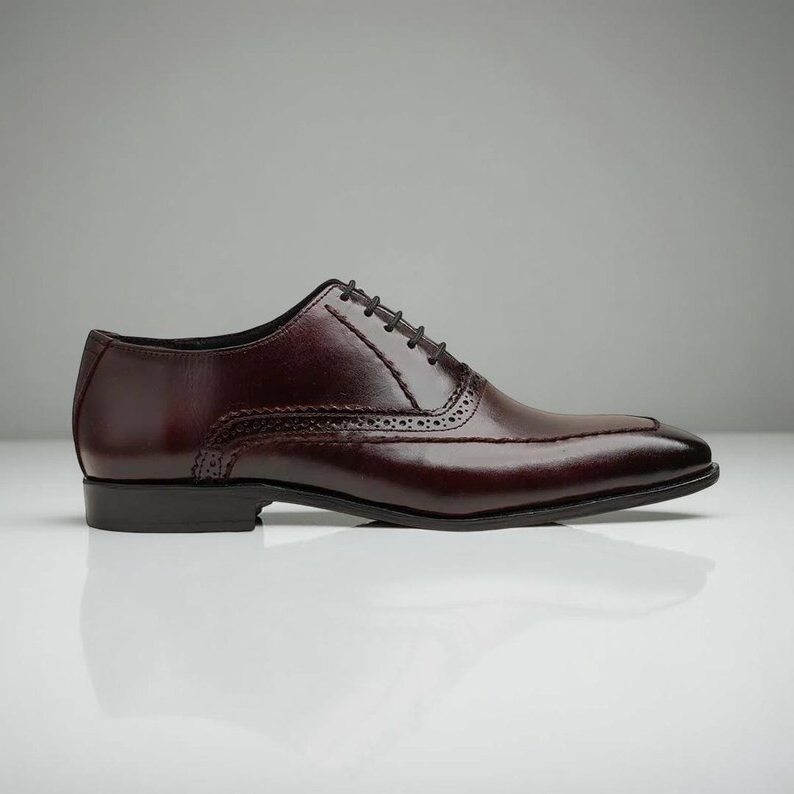 Handmade Burgundy Leather Oxford Dress Shoes: Brogue Wedding Footwear