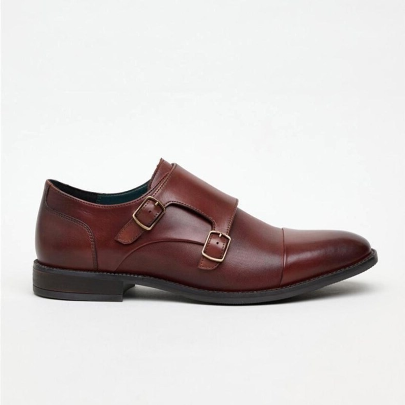 Handmade Brown Leather Double Monk Strap Shoes: Cap Toe Oxfords