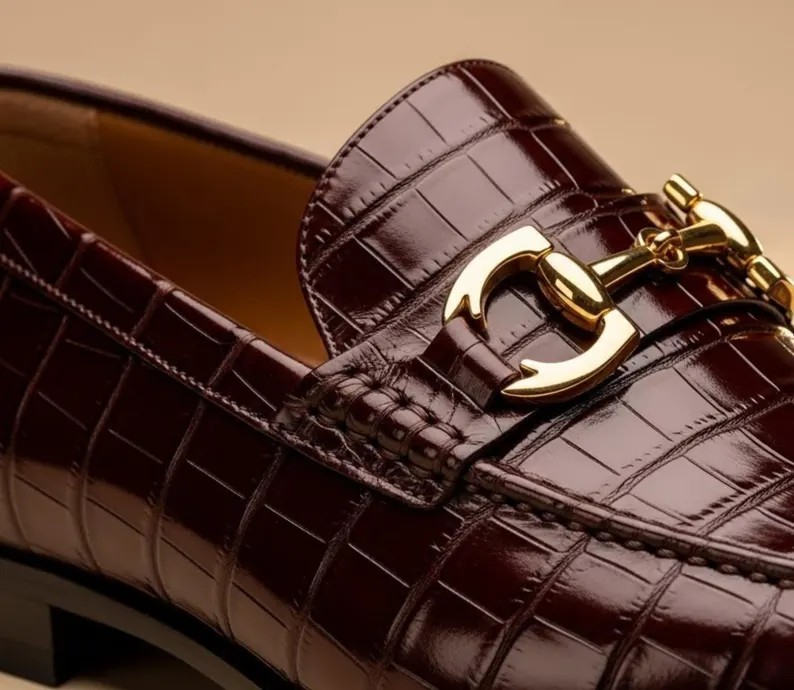 Men’s Brown Croc Embossed Leather Loafers: Handmade Slip-On Dress Shoes