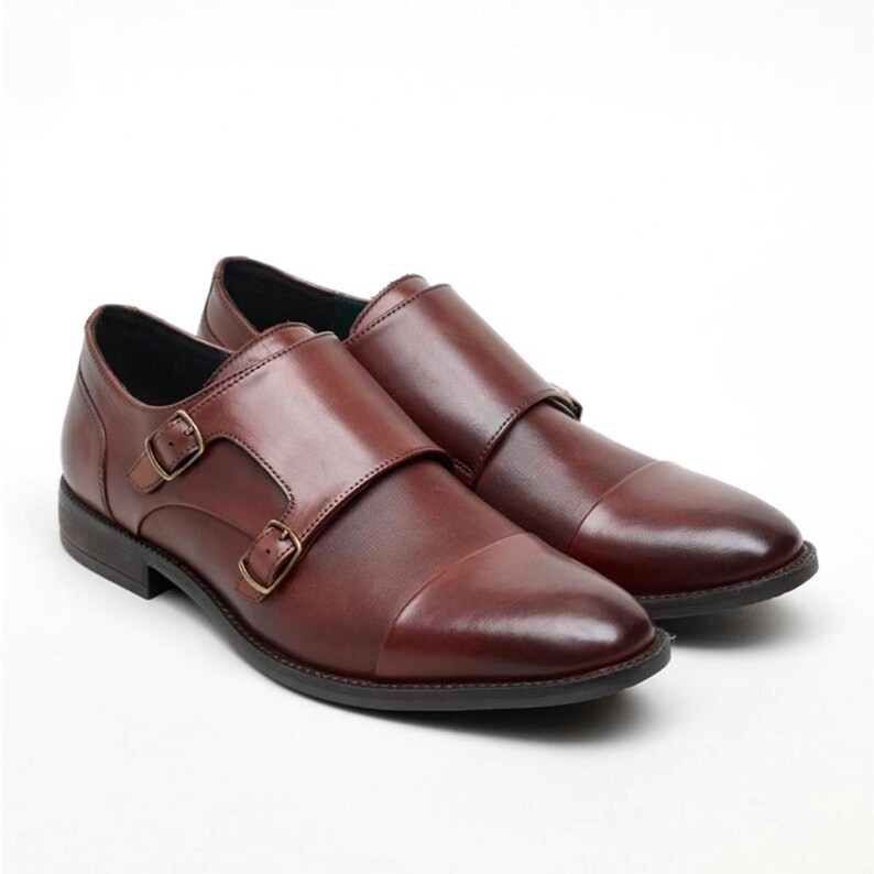 Handmade Brown Leather Double Monk Strap Shoes: Cap Toe Oxfords