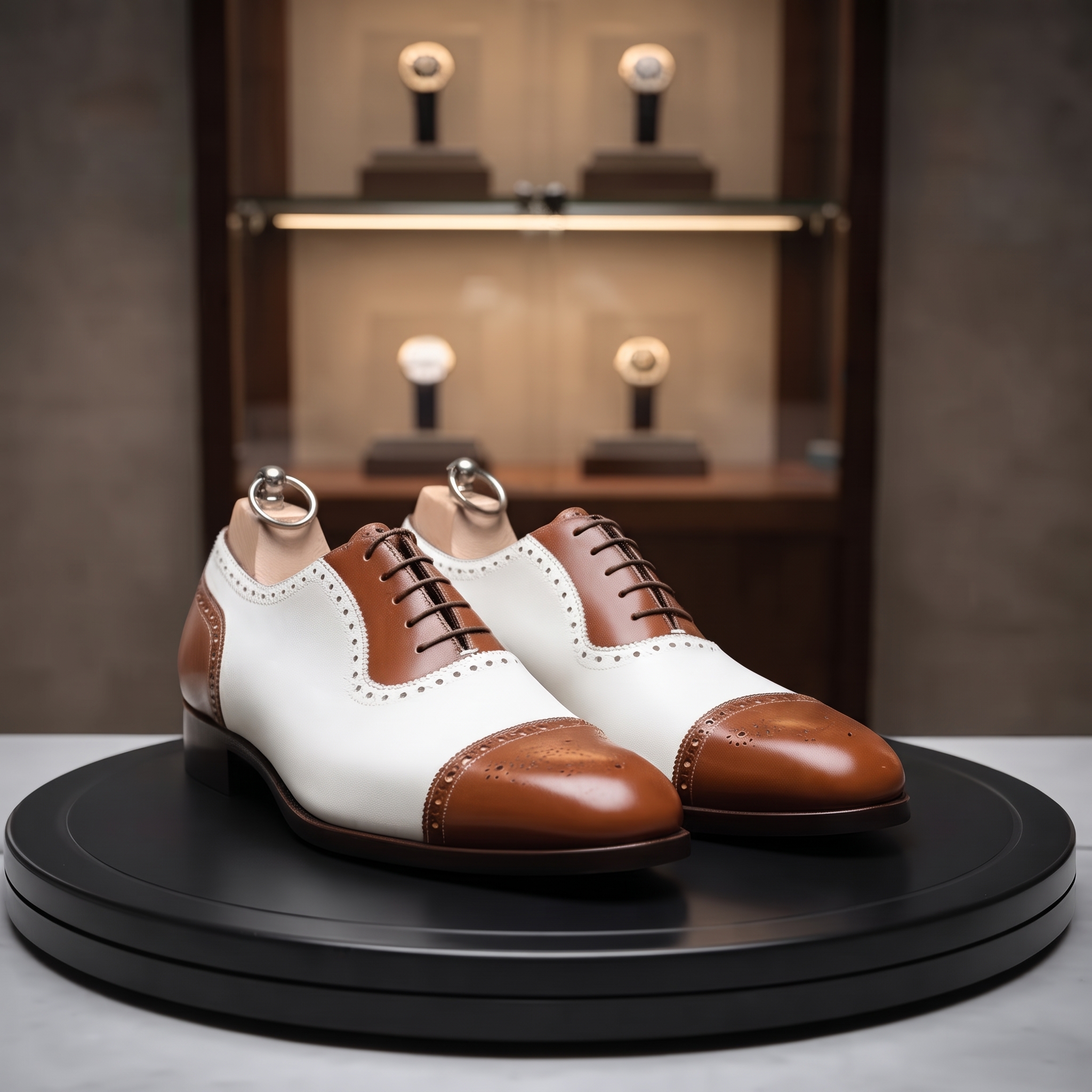 Two-tone white and brown wingtip Oxford dress shoes for men