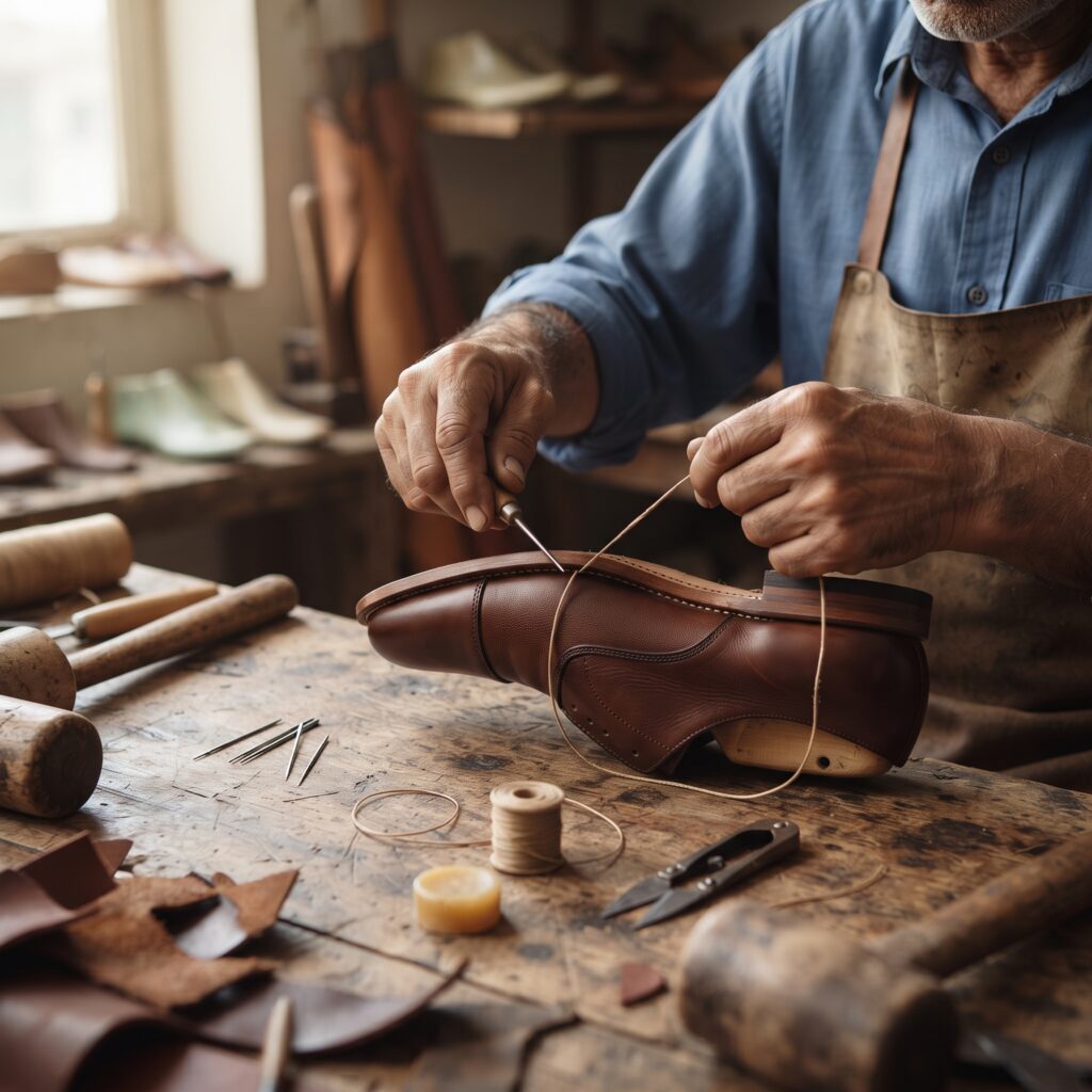 Artisan hand-stitching a brown leather shoe in a traditional shoemaking workshop