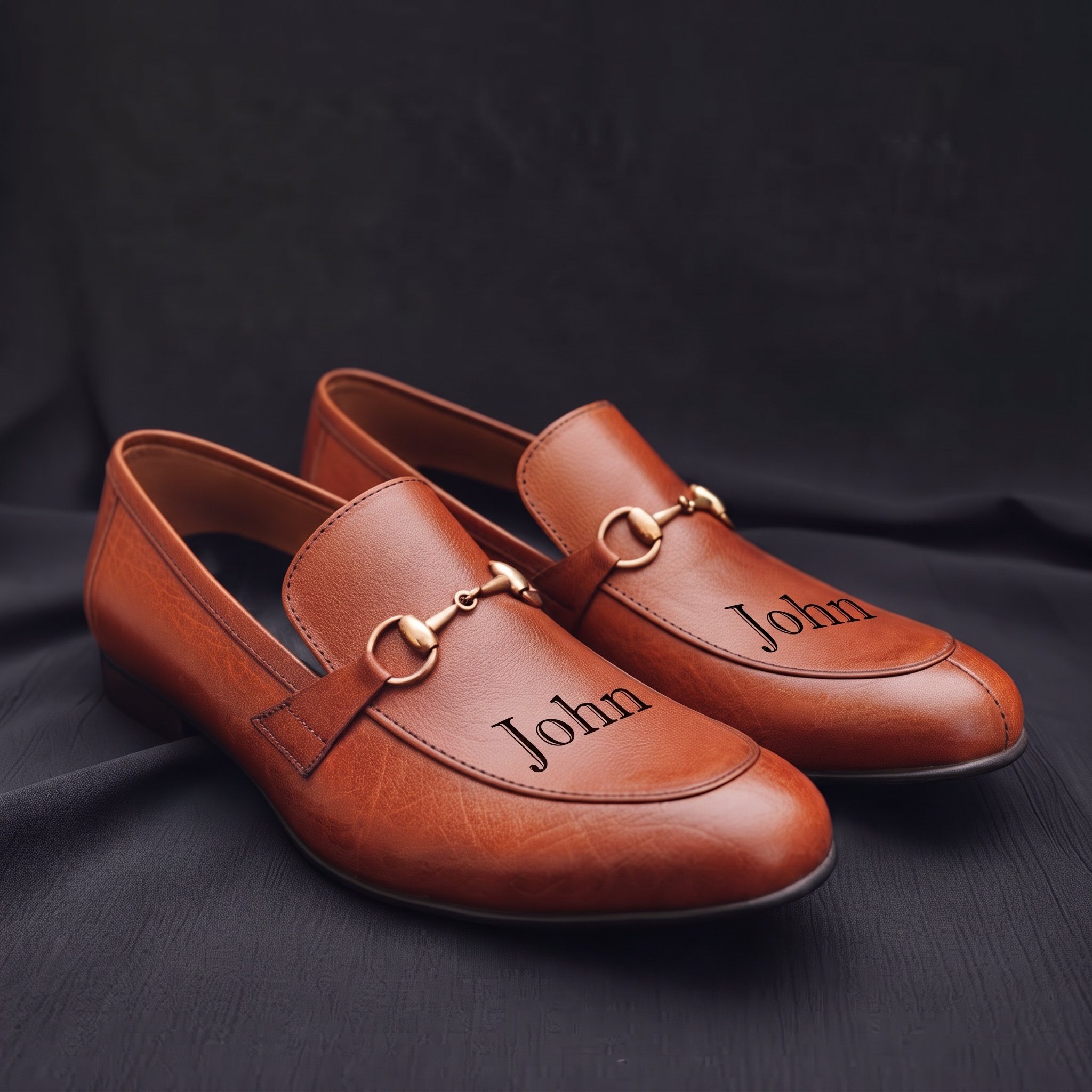 Brown horsebit loafers with custom name engraving