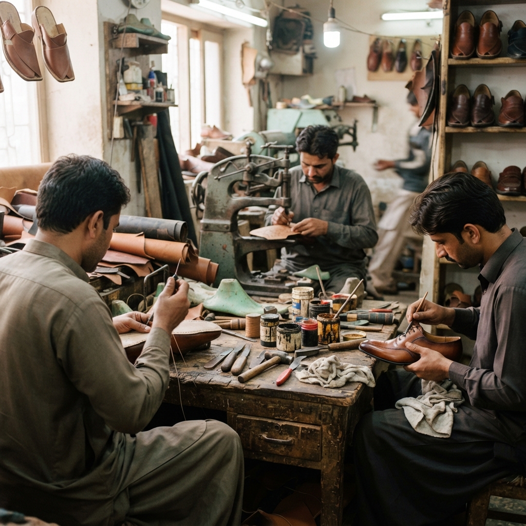 Shoemakers crafting handmade leather shoes in a workshop