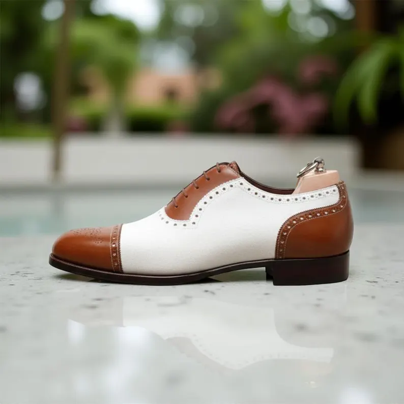 White and brown Oxford dress shoes for men side view