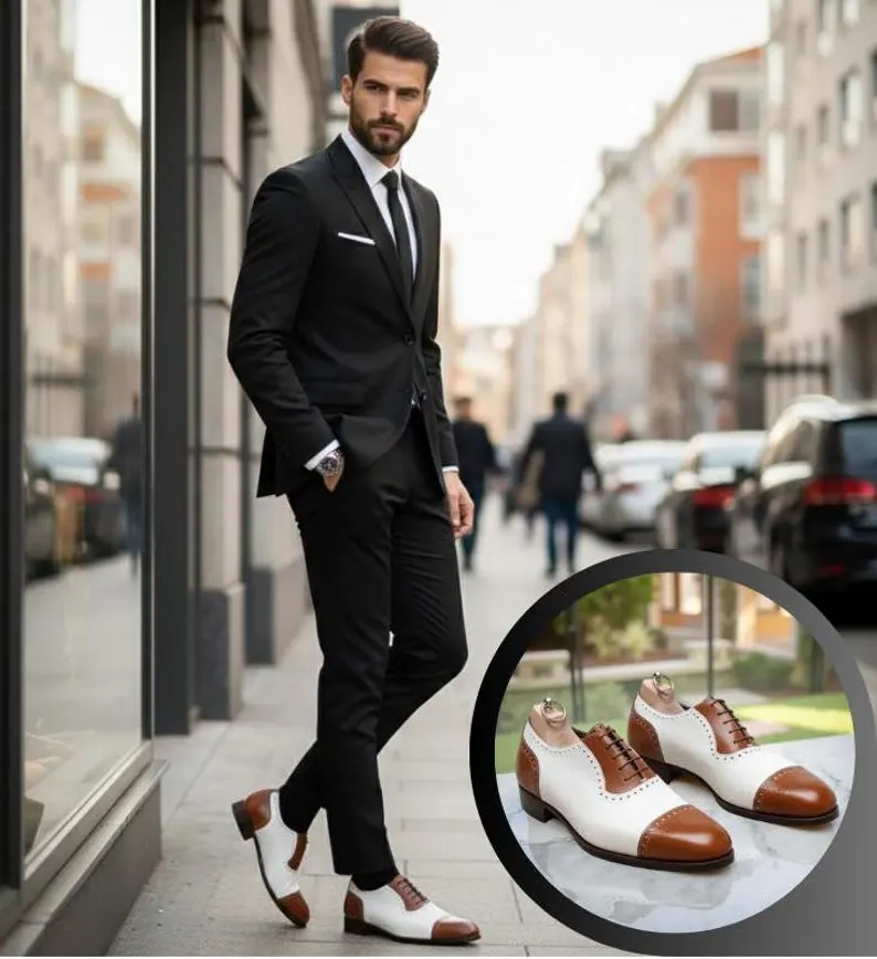 White and brown wingtip Oxford dress shoes for men 3/4 view