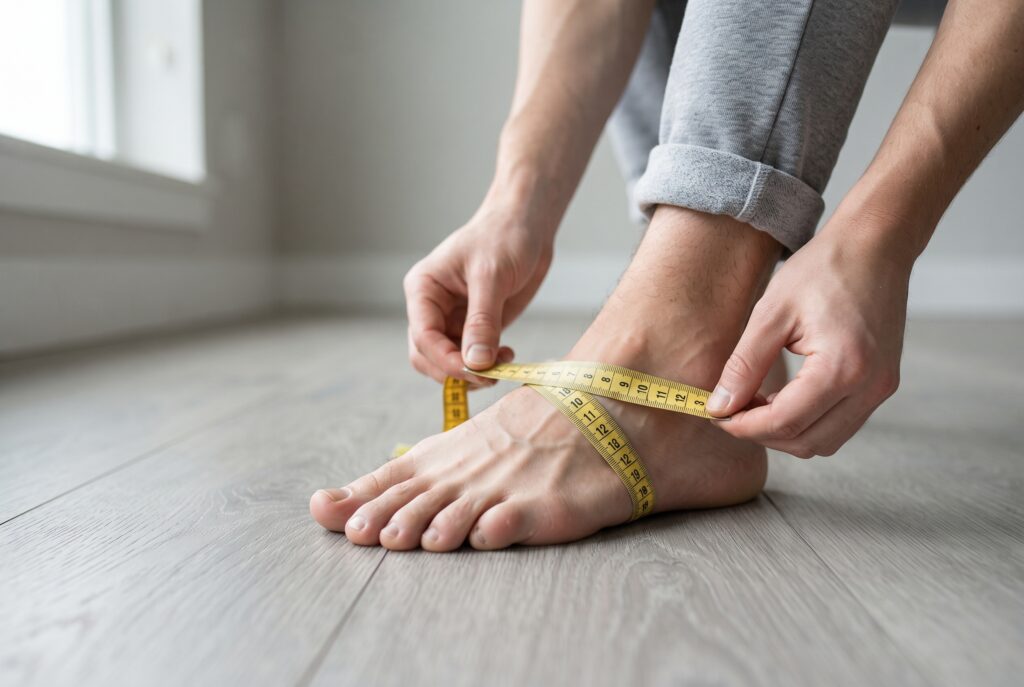 Measuring foot width with a flexible tape for choosing handmade leather shoe size