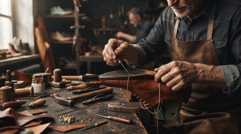 Shoemaker attaching the sole to a handmade brown leather Oxford shoe