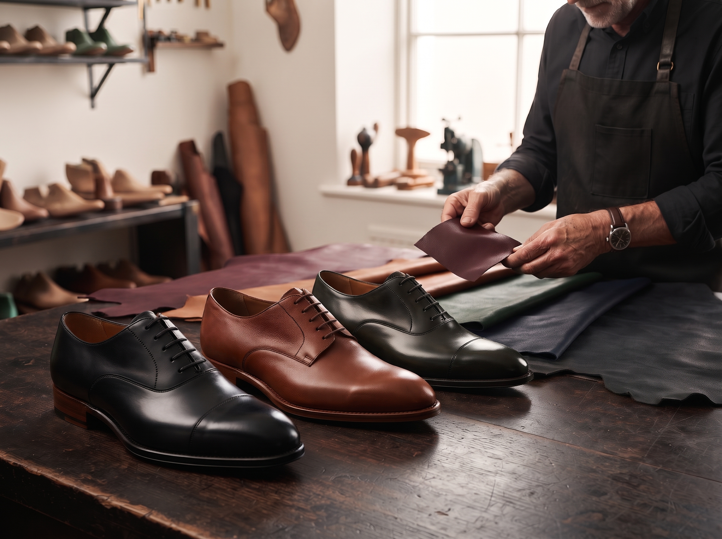 Premium handmade leather dress shoes in black, brown and dark green with an artisan selecting leather swatches