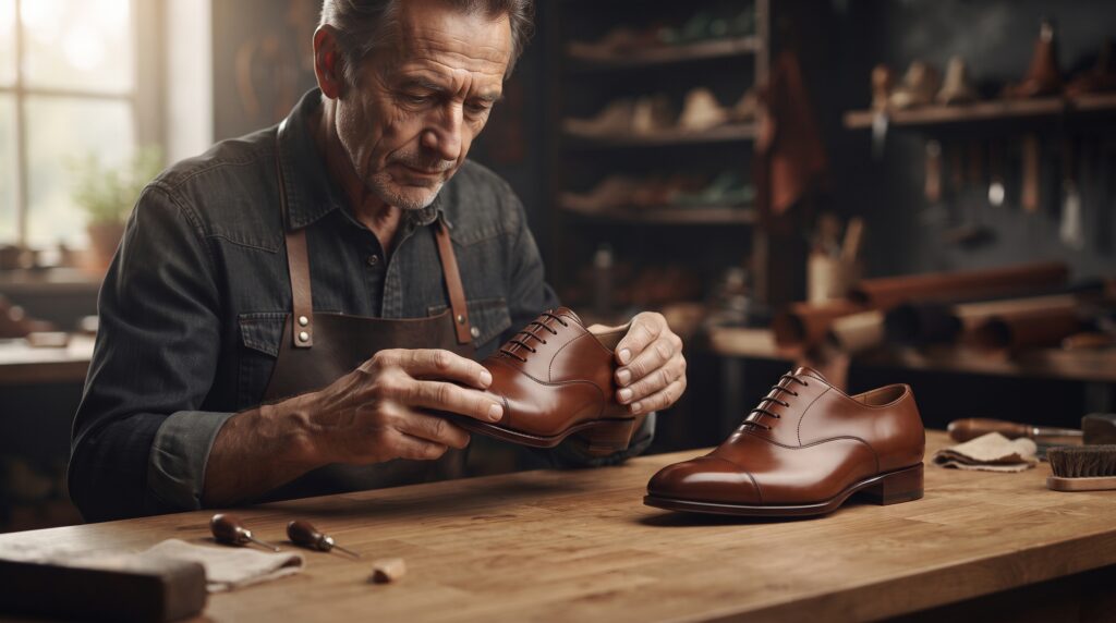 Shoemaker inspecting the finish of handmade brown leather Oxford shoes