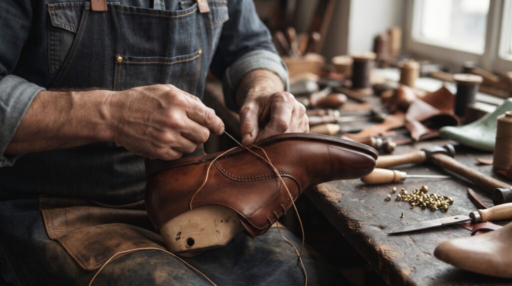 Artisan stitching the upper of a handmade brown leather Oxford shoe
