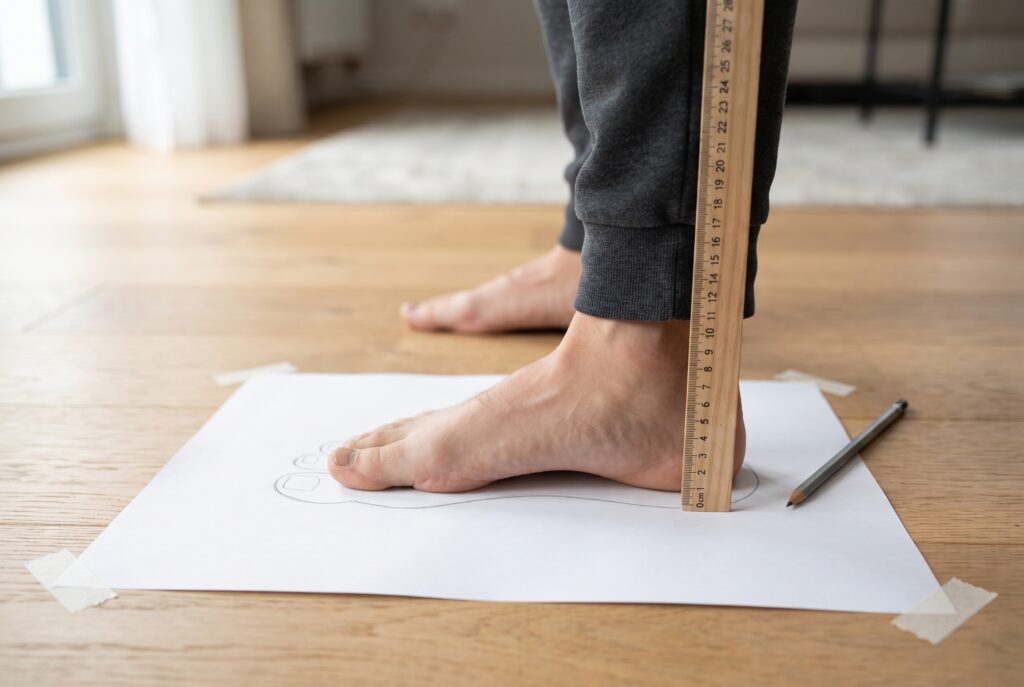 Measuring foot length from heel to longest toe with a ruler