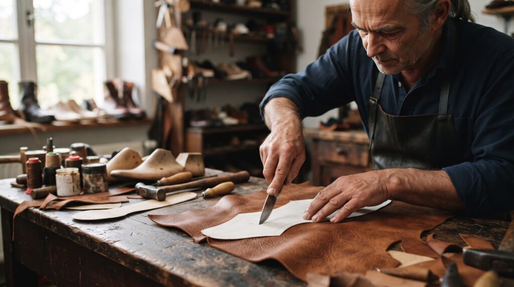 Artisan cutting leather pieces for handmade leather shoes