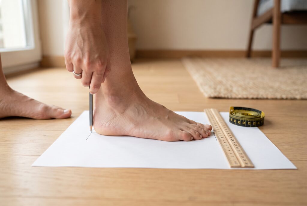 Measuring foot length on paper to find the correct handmade leather shoe size