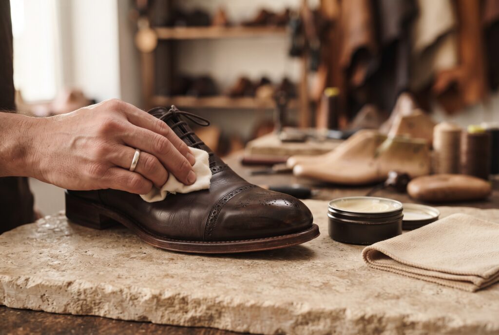 Applying leather conditioner to a handmade brown leather dress shoe