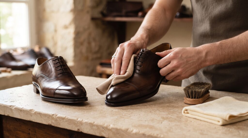 Cleaning handmade brown leather shoes with a soft microfiber cloth