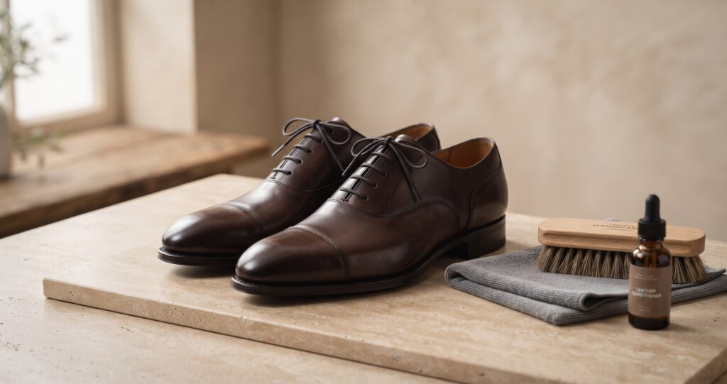Handmade brown leather Oxford shoes with a shoe brush and cleaning cloth