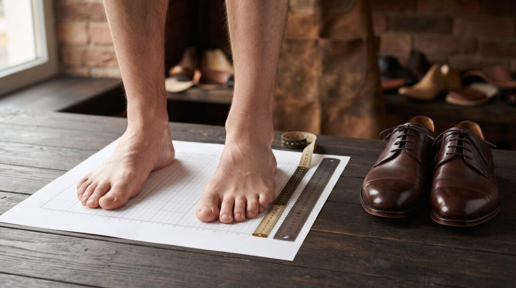 Measuring foot length with a ruler before ordering handmade leather shoes