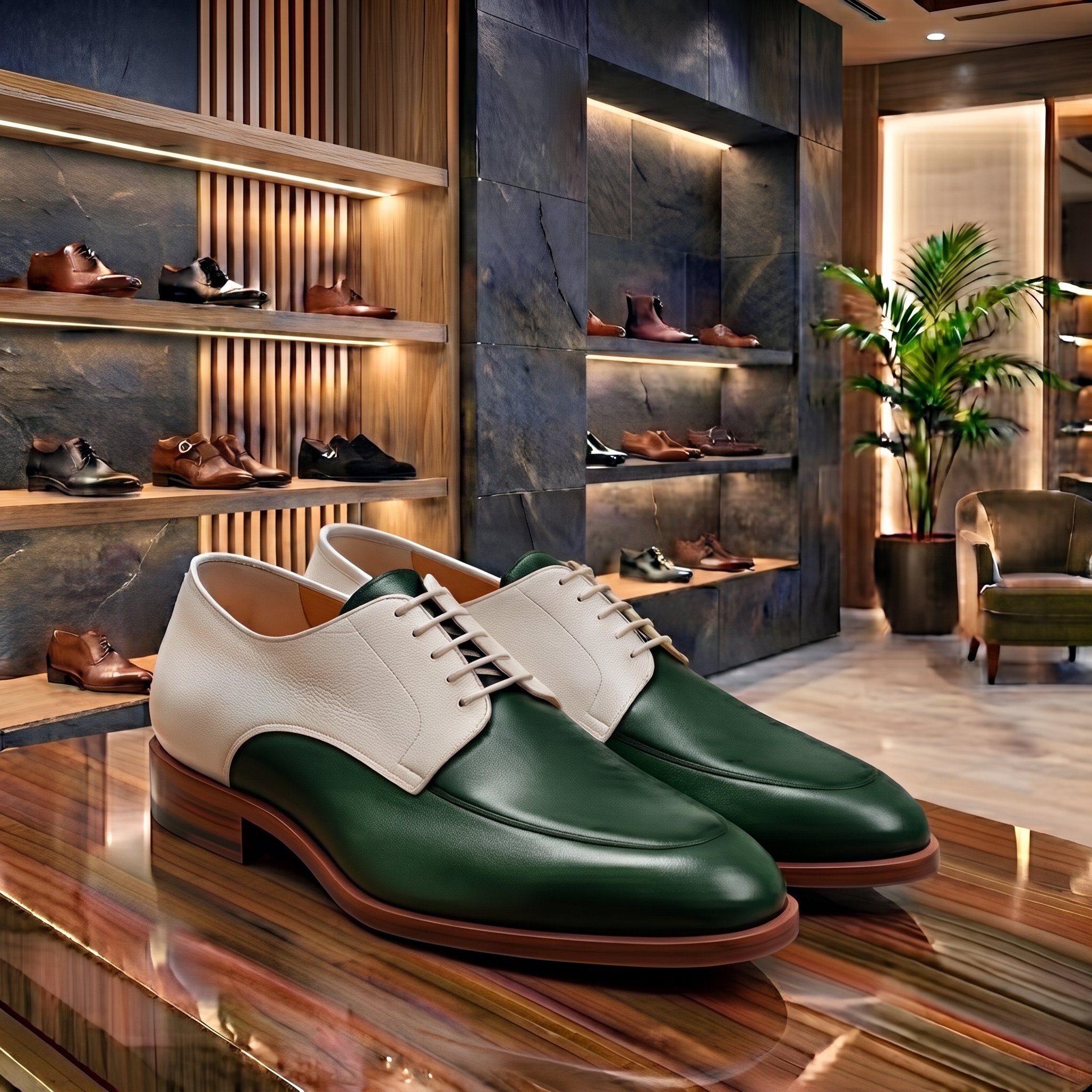 Premium handmade green and white leather dress shoes displayed in a luxury shoe showroom