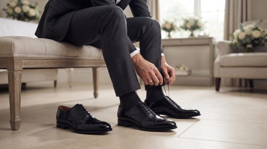 Groom wearing black leather Oxford shoes with tailored charcoal wedding trousers.
