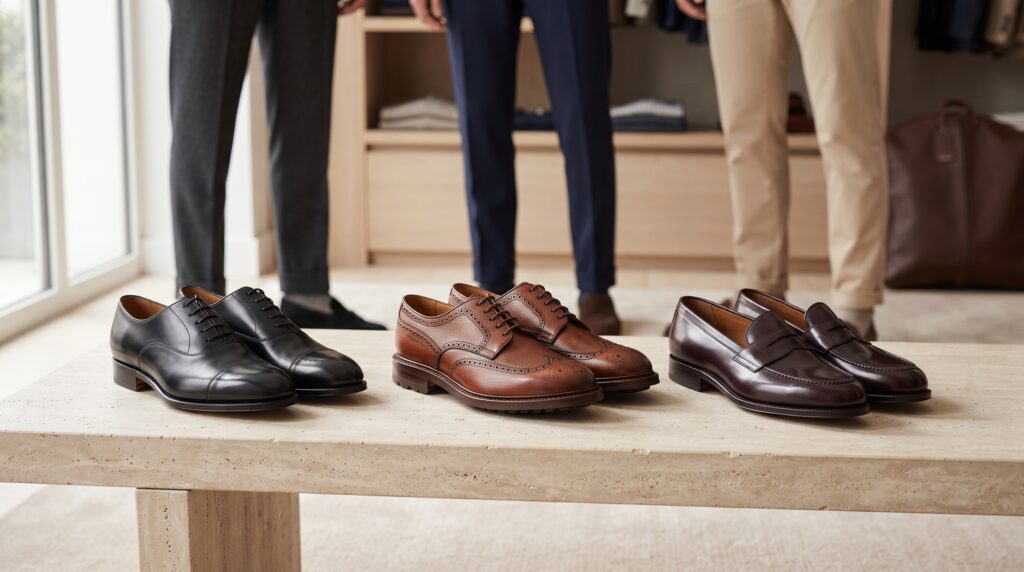Black Oxford shoes, brown Derby shoes, and burgundy leather loafers arranged for different outfit styles.