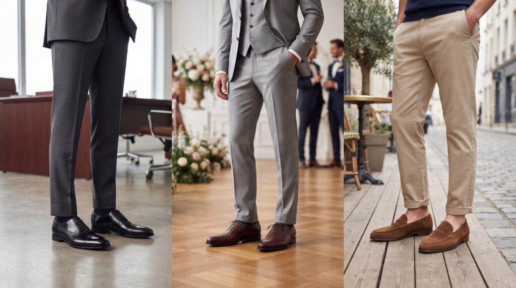 Black formal Oxford shoes, brown wedding shoes, and leather loafers styled for different occasions.