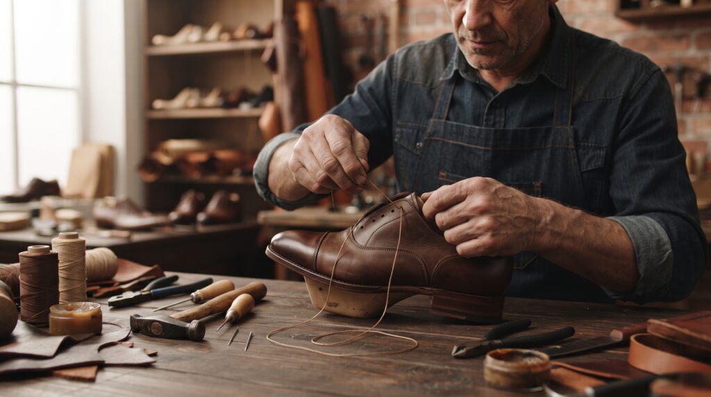 Shoemaker crafting a handmade leather dress shoe at a workbench