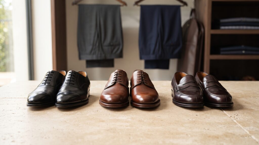 Black Oxford shoes, brown Derby shoes, and burgundy leather loafers styled for different occasions.