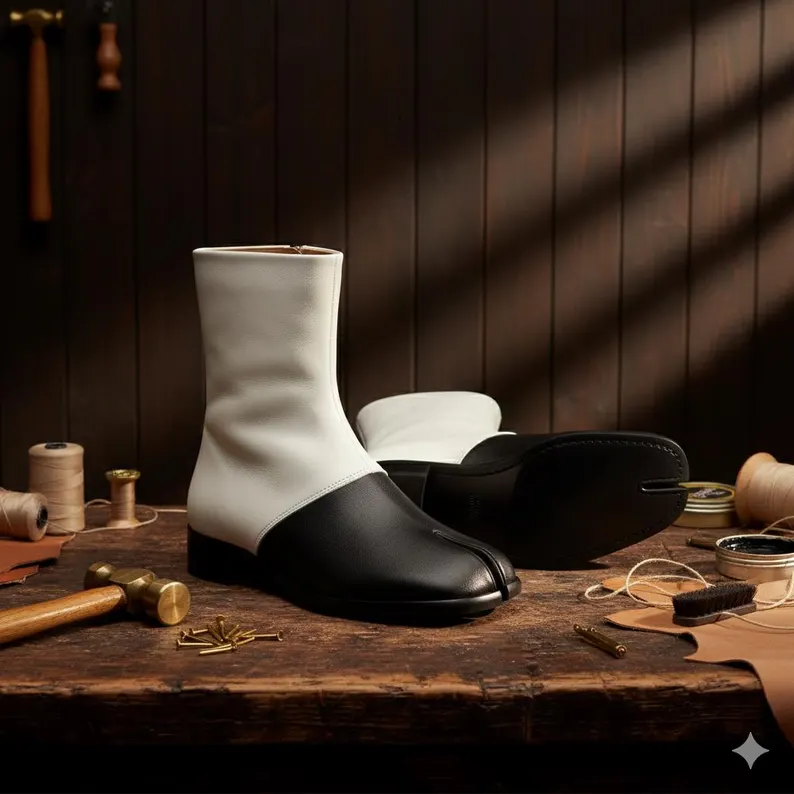 Side view of white and black leather Tabi ankle boots