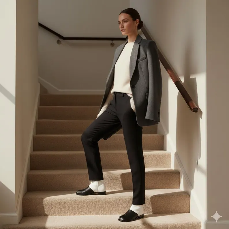 Model wearing white and black leather Tabi ankle boots