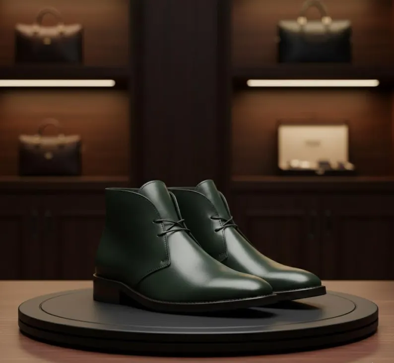 Side view of dark green leather chukka boots for men