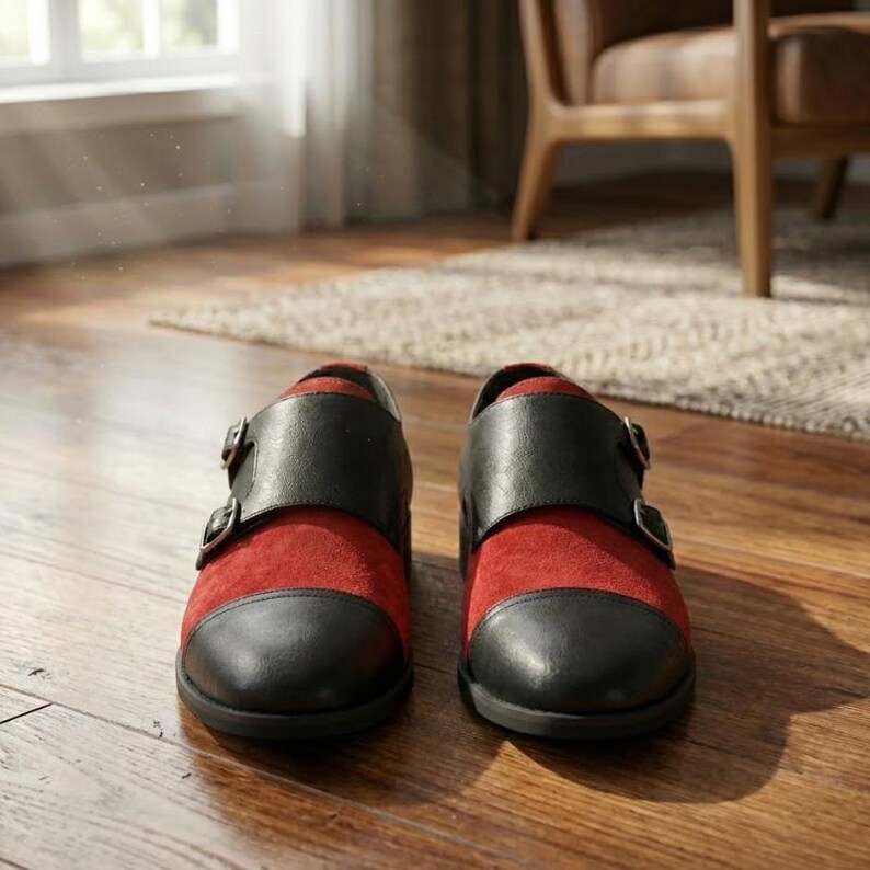 Red and black monk strap shoes for men front view