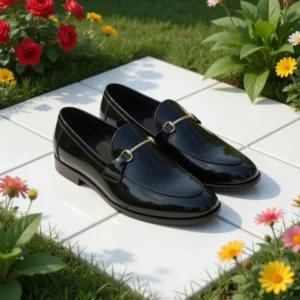 Black patent leather horsebit loafers for men