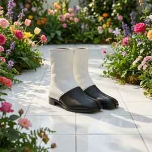White and black leather Tabi ankle boots