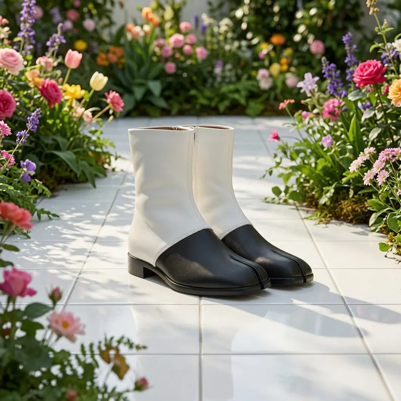 White and black leather Tabi ankle boots