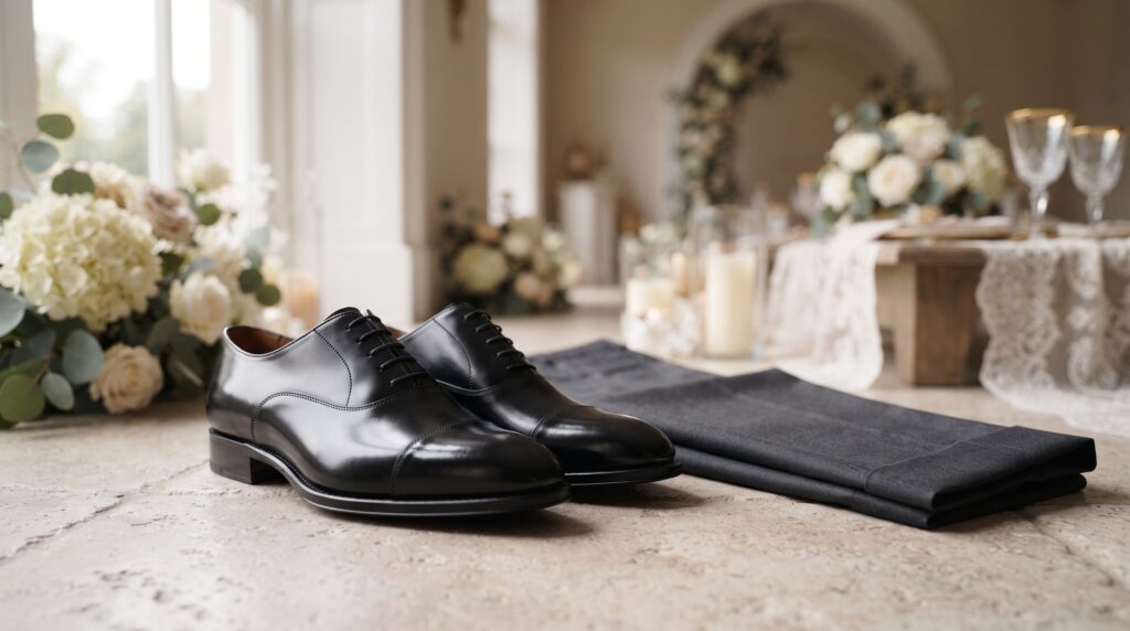 Polished black handmade leather Oxford shoes styled with formal wedding attire.