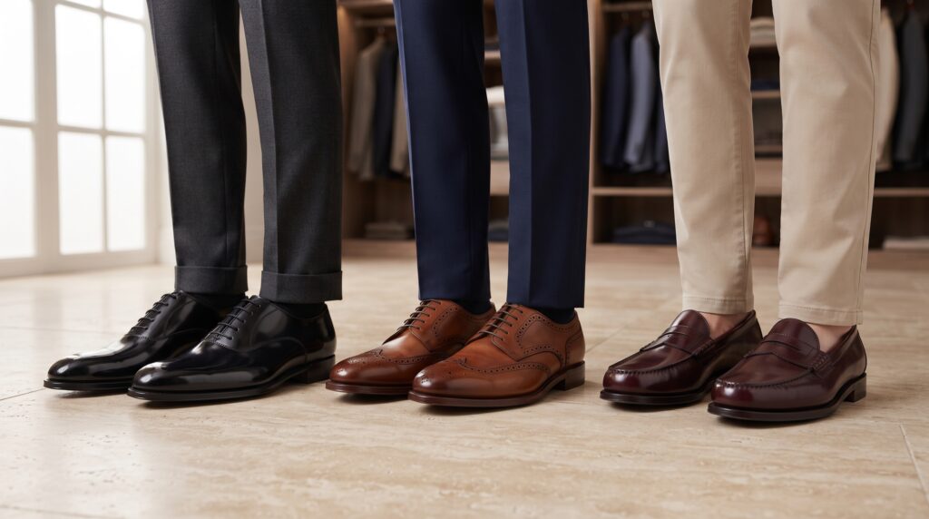 Black Oxford shoes, brown Derby shoes, and burgundy leather loafers styled with matching trousers.